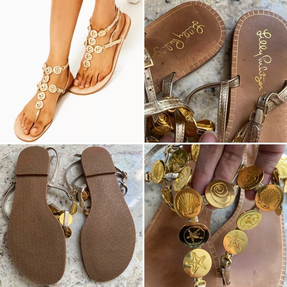 Lilly Pulitzer $178 Palermo Gladiator Gold Leather Sandal Coins Womens 6 EUC